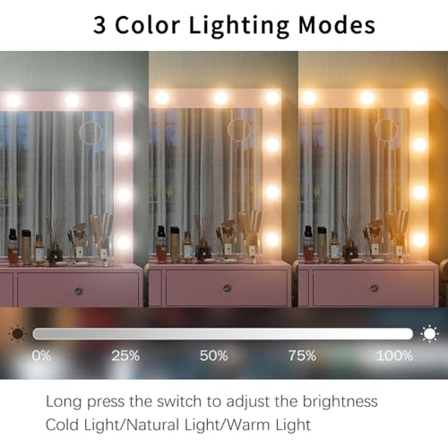 Vanity Desk & Power Outl, Makeup Vanity with Mirror and 12 LED Lights, Makeup Table with 11 Drawers, Vanity Table with Chair