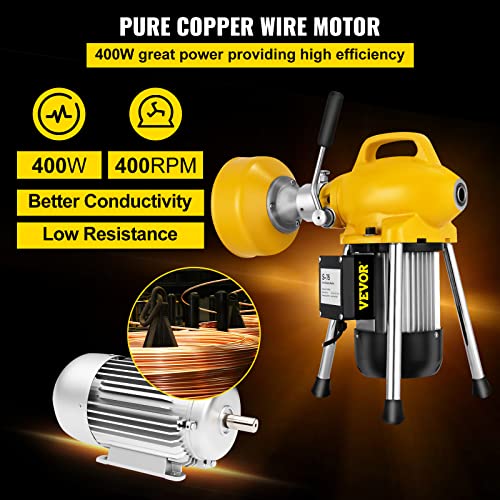 VEVOR 66 Ft x2/3 Cleaner Machine Electric Drain Auger with 2 Cables for 3/4" to 4" Pipes Power Spin with Autofeed Function & 6 Cutters