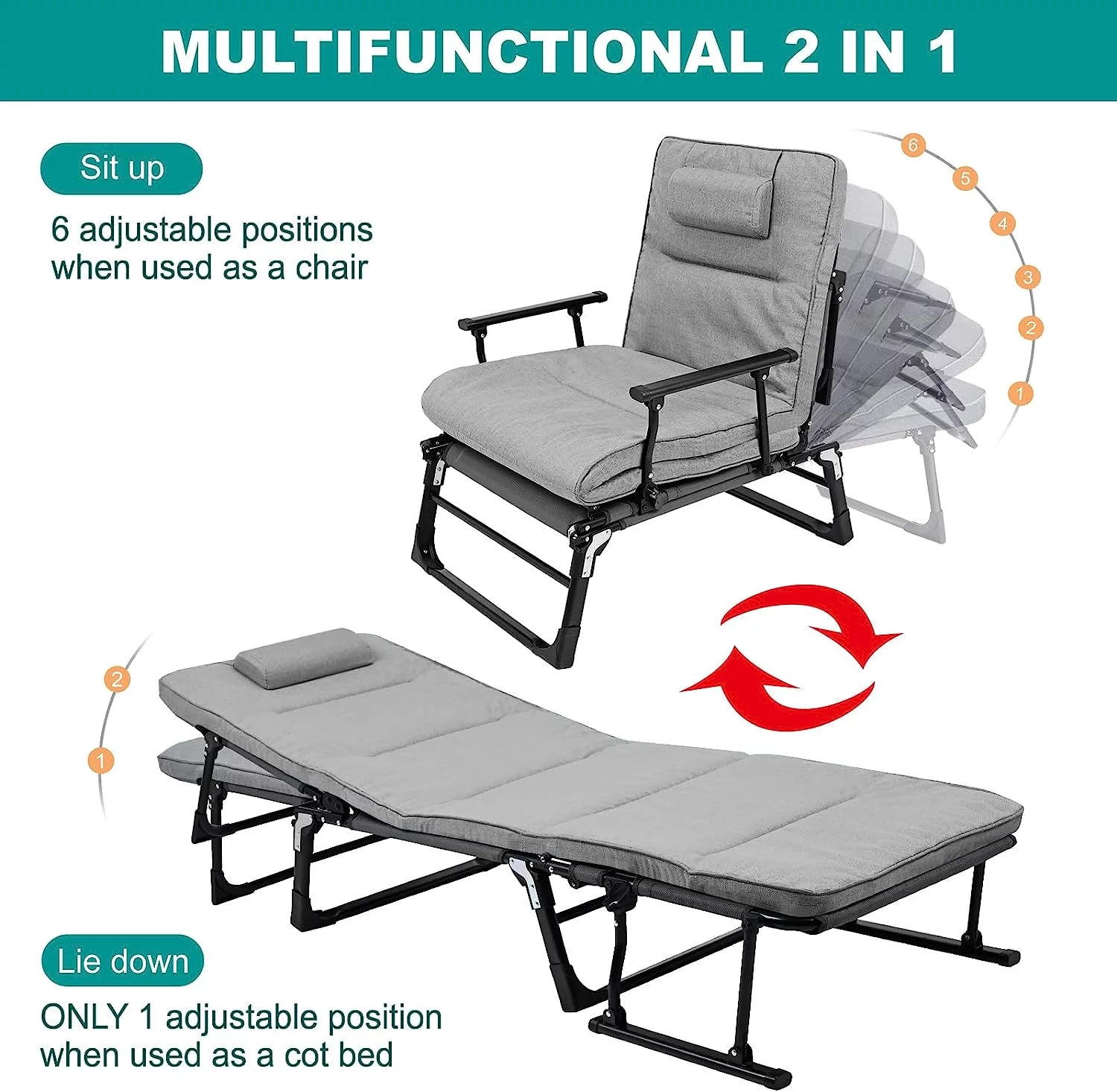 Slsy 3 in 1 Folding Sofa Bed, Portable Folding Bed with Mattress & Pillow, 6 Position Adjustable Convertible Chair, Rollaway Guest Bed Fold Out Bed