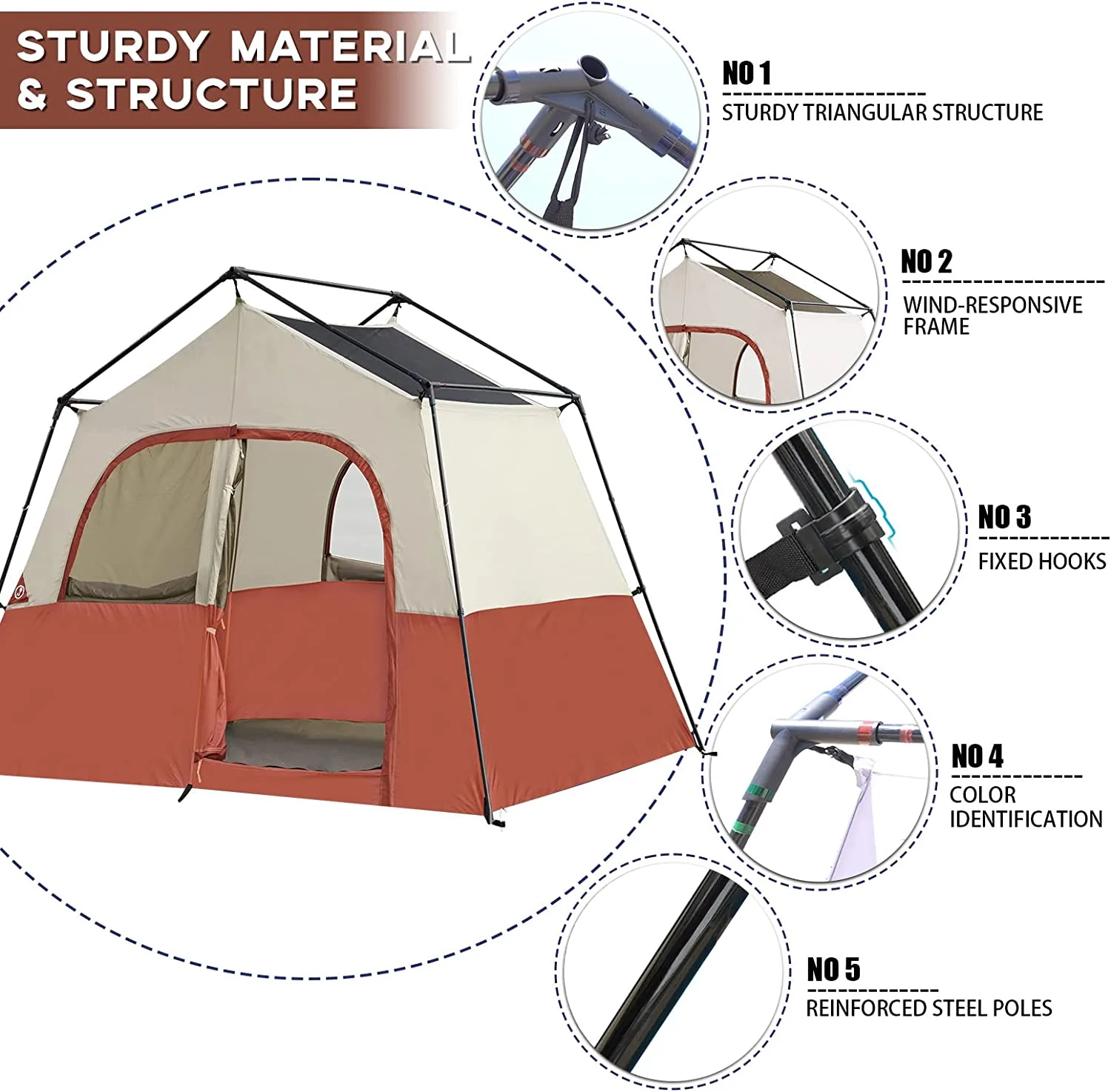 HIKERGARDEN 6 Person Camping Tent - Portable Easy Set Up Family Tent for Camp, Windproof Fabric Cabin Tent Outdoor for Hiking, Backpacking, Traveling
