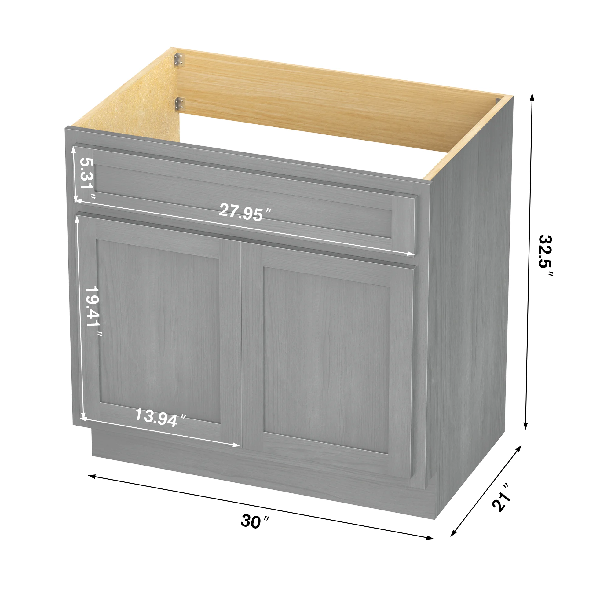 Vanity Art 30 Inch Double Shutter Door Bathroom Vanity Base Cabinet with Soft Closing Shaker Drawer