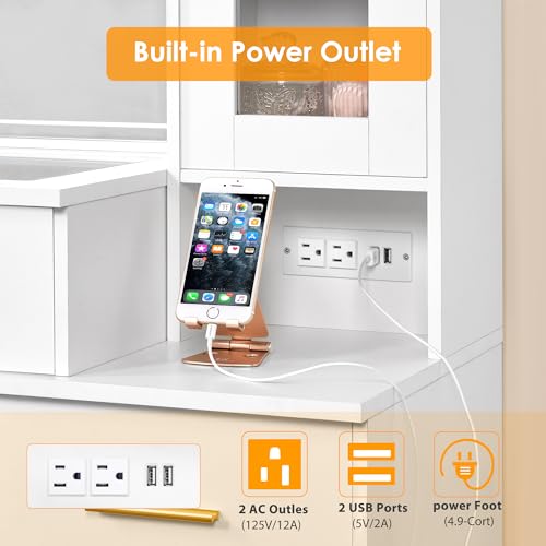 BEWISHOME 49.2" Large Vanity Desk with Mirror and Lights,White Makeup Vanity Table with Glass Top,Stool,Makeup Desk with Power Outlet,Drawers,Cabinet