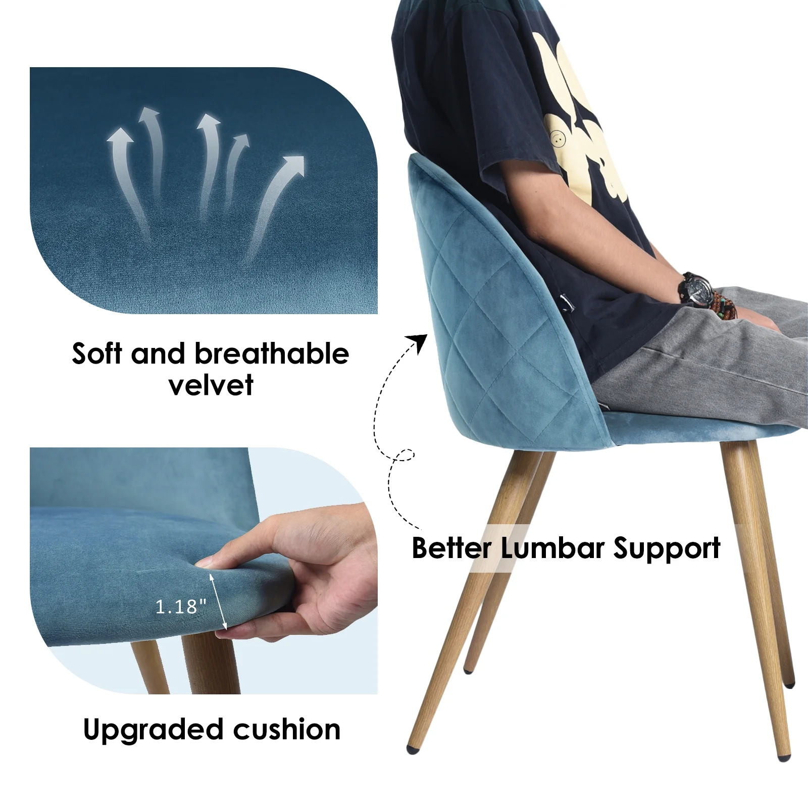 Homy Casa Velvet Dining Chairs Set of 2 with Backrest for Kitchen, Blue