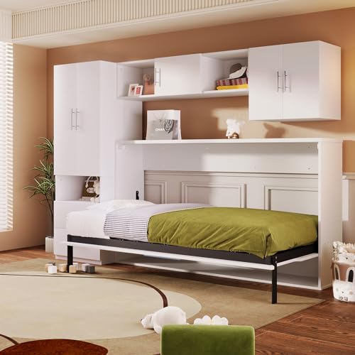 Harper & Bright Designs Twin Size Murphy Bed Cabinet Wall Bed Chest with Storage Shelves