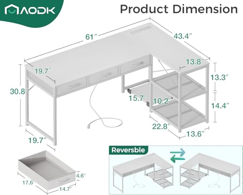 AODK 53 Inch L Shaped Computer Desk with Drawers, Corner Desk with Power Outlets & Reversible Storage Shelves
