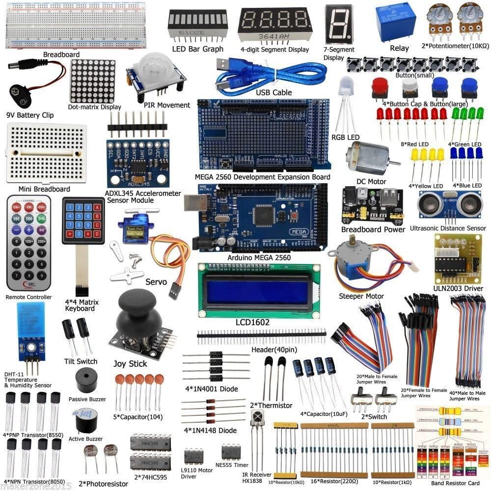 Complete Ultimate STEM Electronic Projects Starter Kit for Arduino with Mega2560, LCD1602, Servo, Stepper Motor, Sensors, Breadboard , Jumper Wire