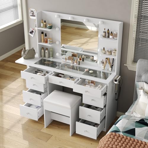Vanity Desk & Power Outlet, Makeup Vanity with Mirror and 10 LED Lights, 3 Lighting Modes Brightness Adjustable