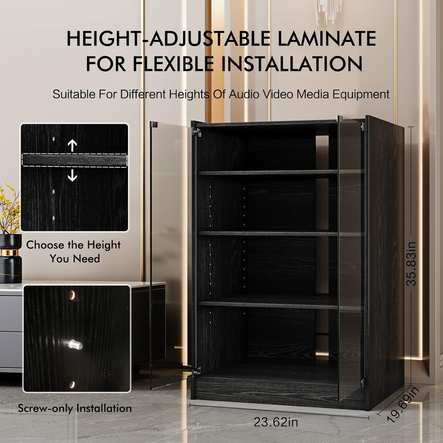 Media Storage Cabinet with Height Adjustable, 4-Tier Shelves Audio Video Media Stand Cabinet, Modern AV Cabinet with Glass Doors
