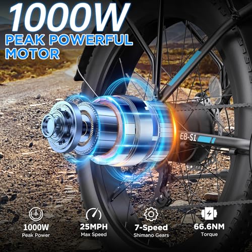 Electric Bike for Adults, 1000W Peak Ebike, 25MPH 60Miles Electric Mountain Bike, 26" Fat Tire Electric Bicycle with 48V 13AH Battery, Rear Rack
