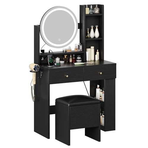 DWVO Vanity Desk with Mirror and Lights, Makeup Vanity Table Set with Power Outlets and Chair, 3 Lighting Colors