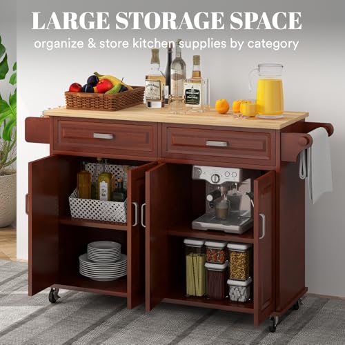 Rovibek Kitchen Island with Drawers 53 in Rolling Island Cart Mobile Solid Wood Portable Islands on Wheels with Storage Cabinet & Drawers, White