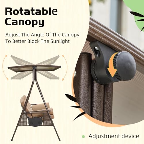 YOLENY Oversized Outdoor Porch Swing with Hardtop, 3 Seat Patio Swing with 2 Side Cup Holder, 3-in-1 Convertible Backrest Swing Bed with Cushion