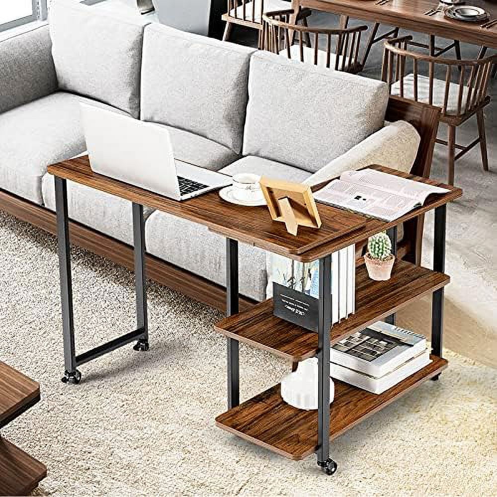 KHBIULIFE ° Rotating Sofa   Patented L-Shaped Corner Desk with 2-Tier    Mobile End Table Movable Laptop Table with Casters  for Home Office (Walnut)