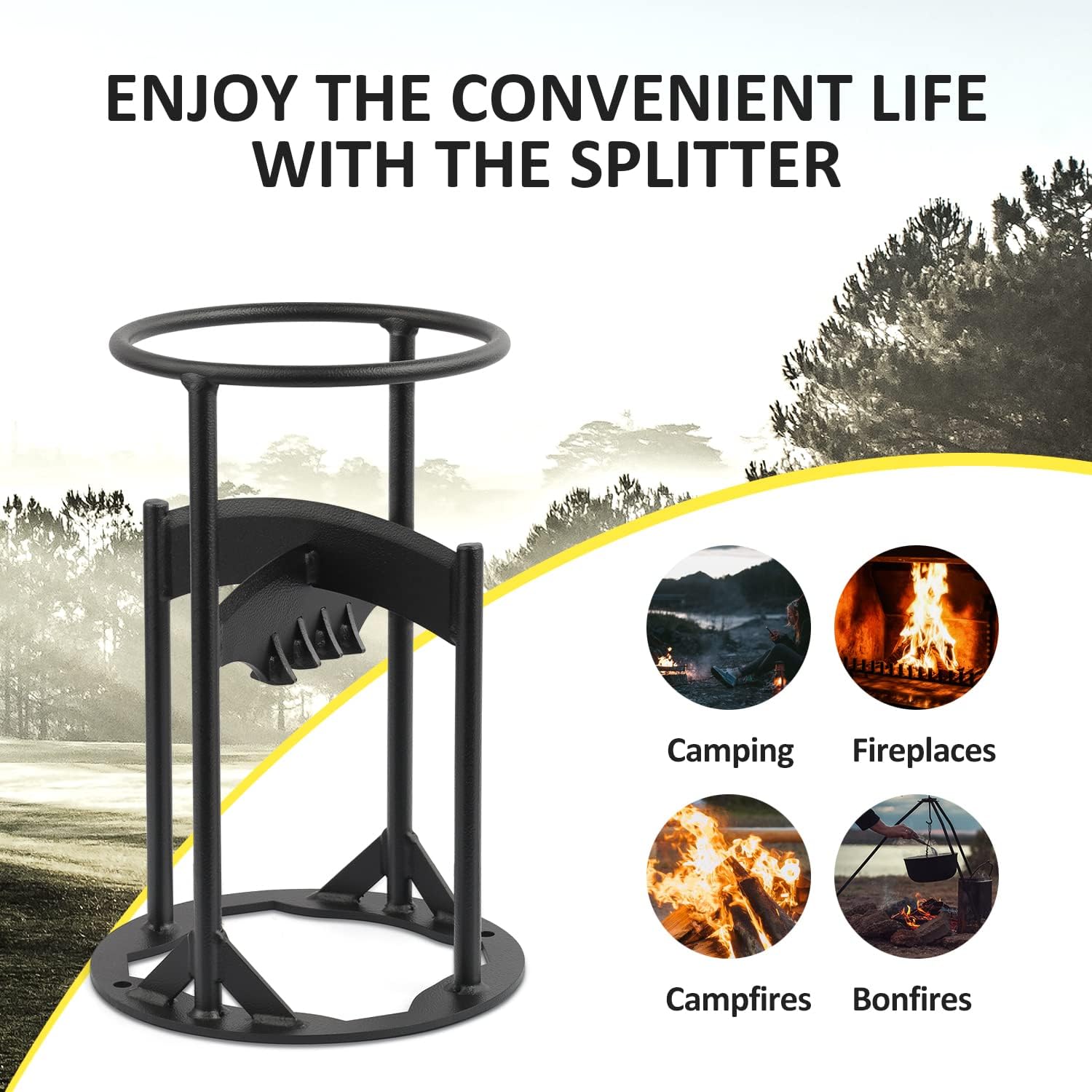 Wood Kindling Splitter with Hammer, Quick Split into 2/4 pcs, up to 7" dia Wood, Carbon Steel Made Manual Log Splitter