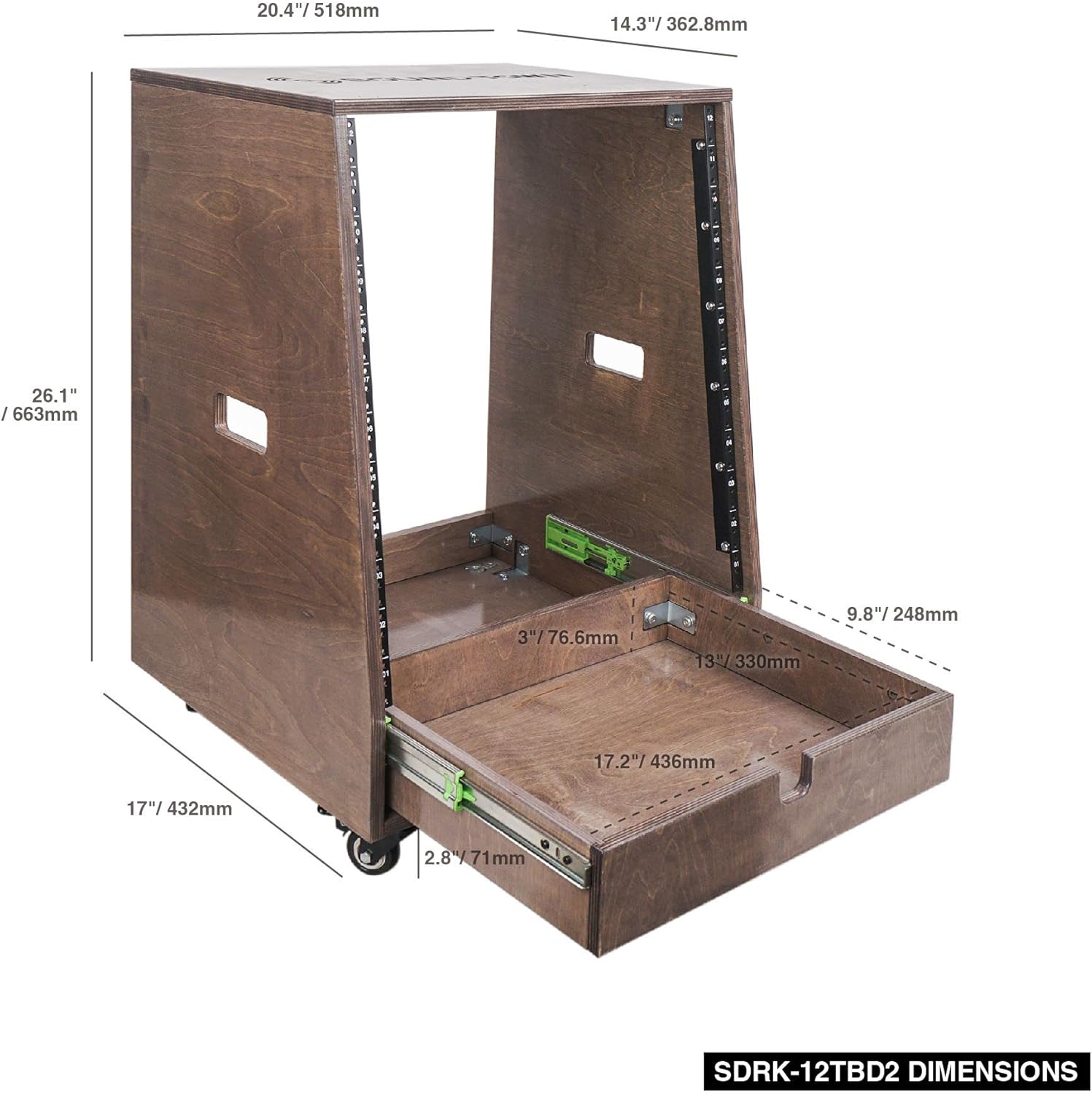 Sound Town 12U DIY Slanted Studio Rack with 12U Rack Space, Extra 2U Drawer, Plywood, Rubber Feet, Casters, Weathered Gray (SDRK-12TBD2)
