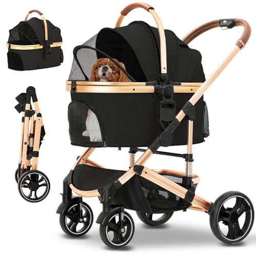 Pet Stroller 3 in 1 Folding Lightweight Dog Stroller with Detachable Carrier & Storage Basket, Premium 4 Wheels Travel for Puppies, Doggies