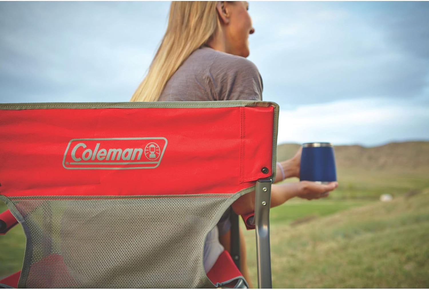 Coleman Outpost Breeze Steel Deck Chair, Portable Folding Chair with Padded Arm Outdoor Compact Folding Table