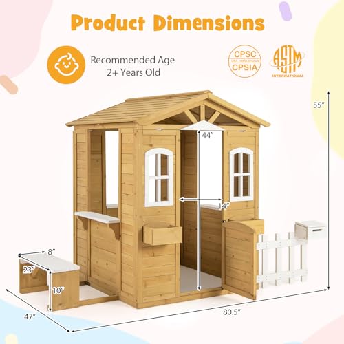 Costzon Outdoor Playhouse, Fir Wood Patio Pretend Play Center w/Bench, Mailbox, Fence, Serving Stations, Flowerpot Holders, Windows & Door