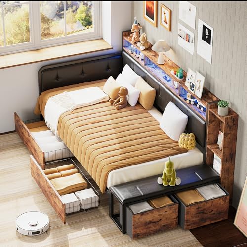 ANCTOR Corner Bed Frame, Twin Daybed with 2 Drawers & Charging Station, Platform Bed Frame Bookcase Headboard for Living Room, Bedroom and Guest Room