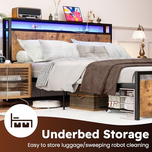 Full Size Bed Frame with Headboard, LED Platform Bed with 4 Storage Drawers, Built in Charging Station, Noise-Free, Metal Support Base