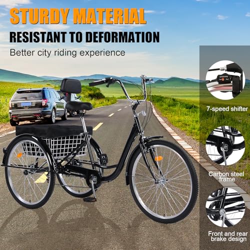 Adult Tricycles, 7 Speed Adult Trikes 26 inch 3 Wheel Bikes, Cruise Bike with Basket for Seniors, Women, Men for Recreation, Shopping, Exercise