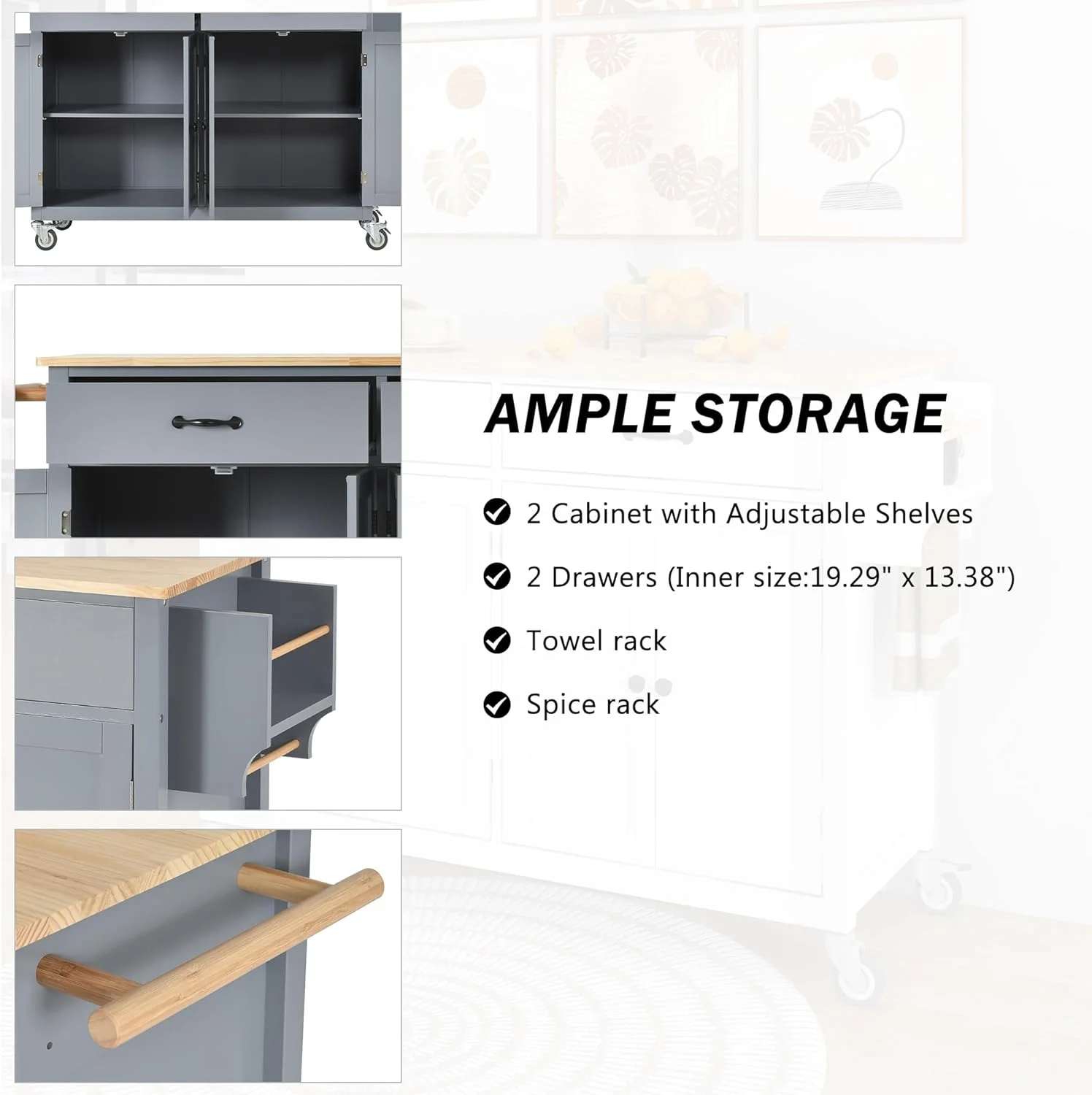 Large Kitchen Island With Solid Wood Top, Storage Cabinets And Drawers, Mobile Kitchen Island Cart With Spice Rack And Towel Rack