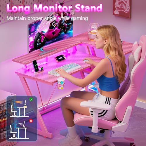 55 Inch Gaming Desk with Power Outlet & LED Lights, L Shaped Gamer Computer Table with Storage Shelves for Bedroom, Corner Home Office Desk