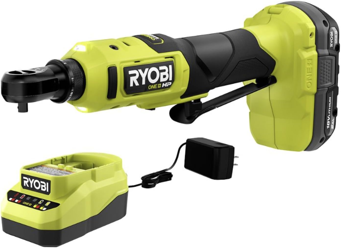 Ryobi One+ HP 18V 1/4" Brushless Cordless Compact Electric Ratchet Kit with 2.0Ah Lithium Battery and Charger, 4-Position Rotating Head