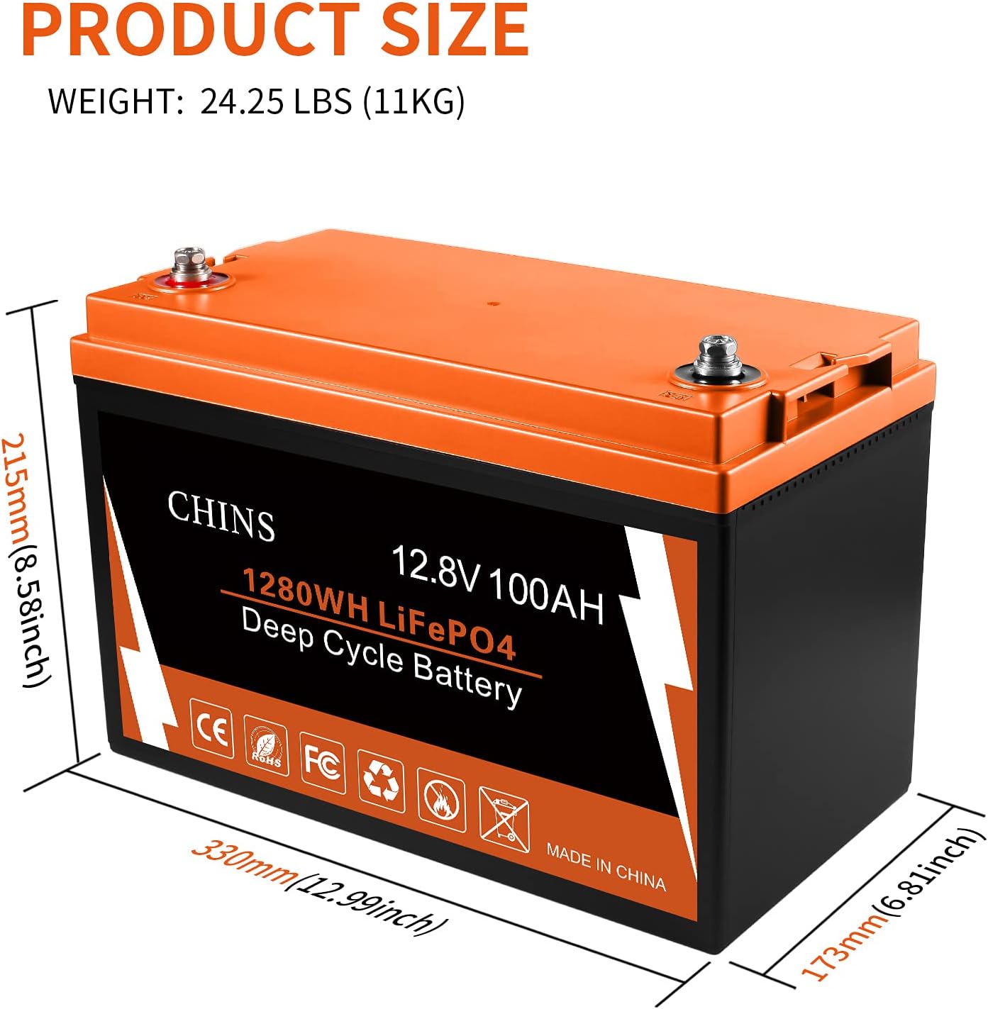 CHINS LiFePO4 Battery 24V 200Ah Lithium Battery - Built-in 200A BMS, 2000+ Cycles, Each battery Can Support 5120W Power Output, Perfect for RV