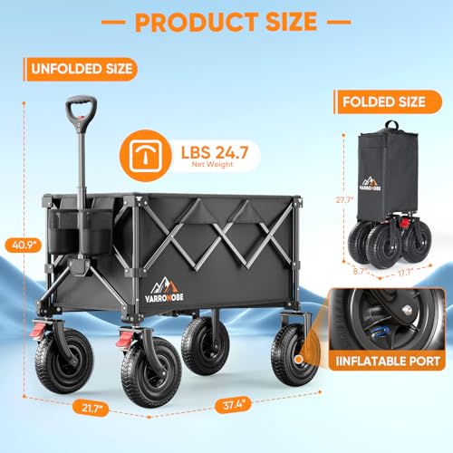 Big Rubber Wheels Beach Wagon Cart Foldable, 9x3 All-Terrain Wheels, Heavy Duty Collapsible Utility Wagon with 330lbs Capacity, Compact Storage
