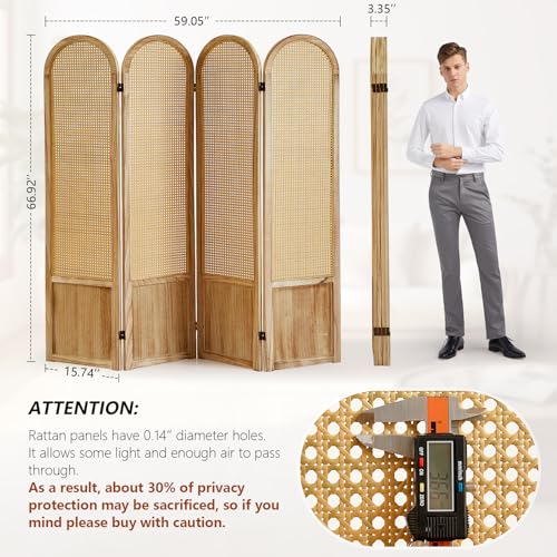 5.9 Ft Tall Hand-Woven Rattan Room Divider 3 Panels, Wood Room Divider Panel, Folding Screen Divider Wall, Wall Divider for Room Separation