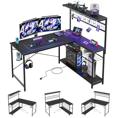 Bestier 42 L Gaming Desk,Computer Desk with Power Outlets, LED Lights, Reversible Corner Desk with 4-Tier Shelves,Cup Holder & Hook Carbon Fiber Black