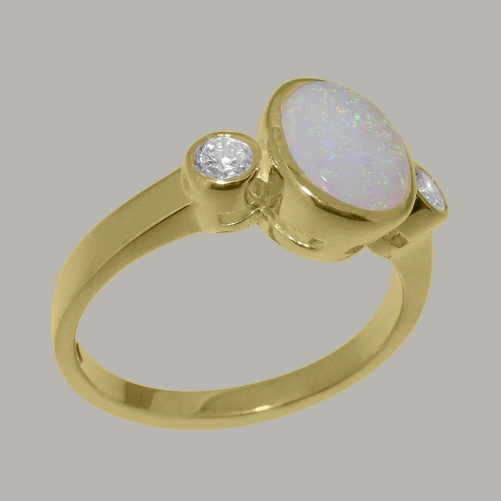LBG British Made 9k Yellow Gold ring with Natural Opal & Diamond Womens Engagement Ring - 33 size options - Size 11