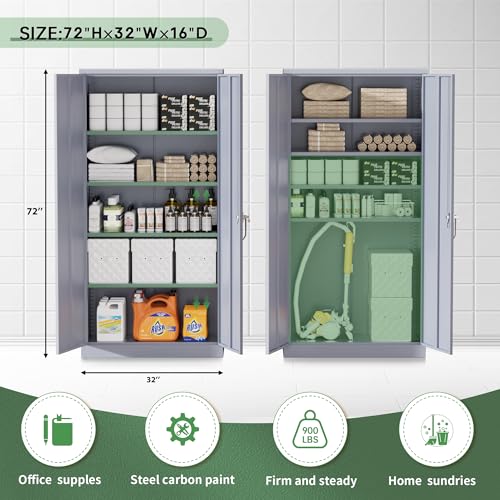 Greenvelly Steel SnapIt Storage Cabinet 72" Locking Metal Garage Storage Cabinet with 4 Adjustable Shelves, 2 Doors and Lock for File, Office, Garage