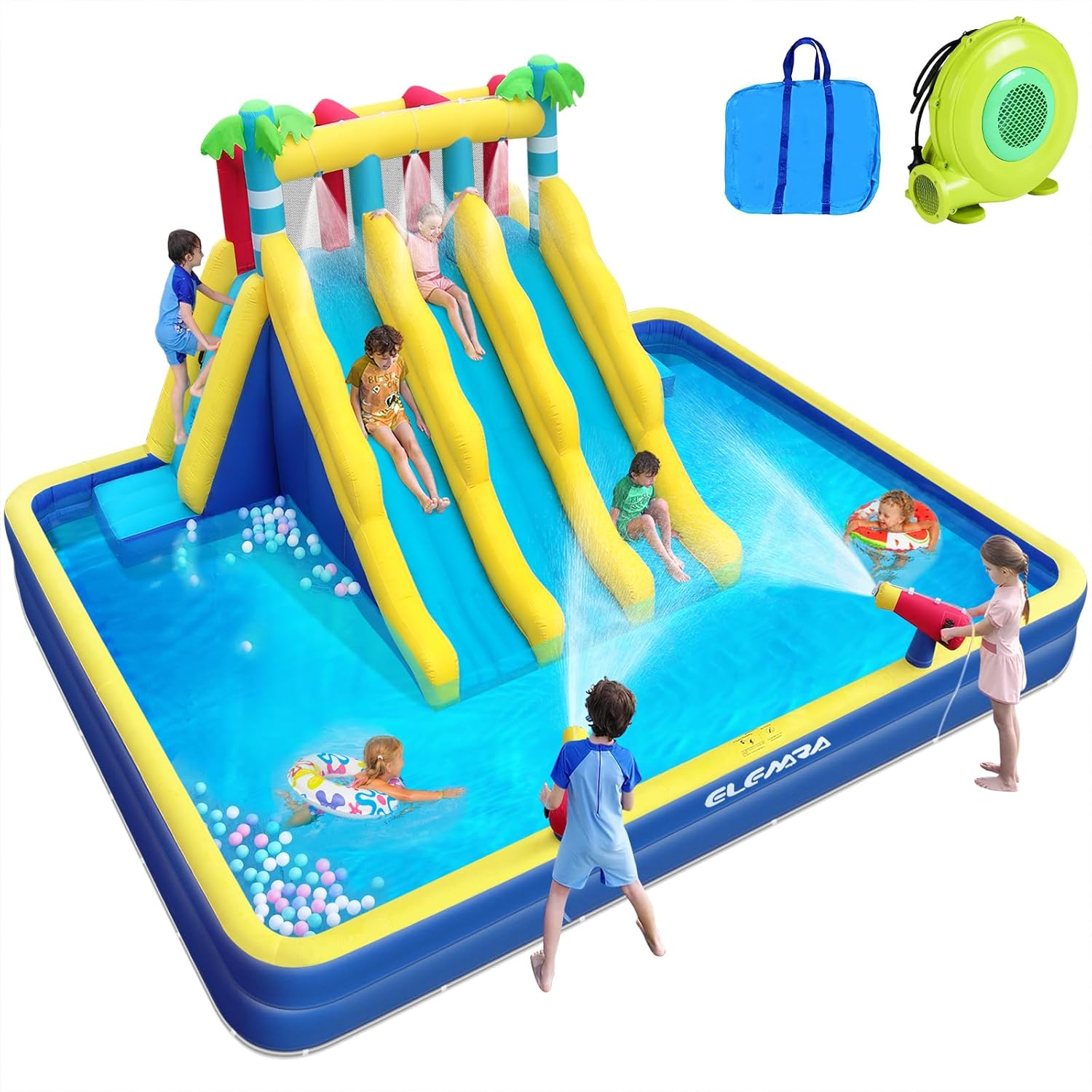 ELEMARA Extra Large Inflatable Water Slide Bounce House, Kids Water Park with Double-Layer Large Splashing Pool,3 Extra-Long Slides, Climbing Wall