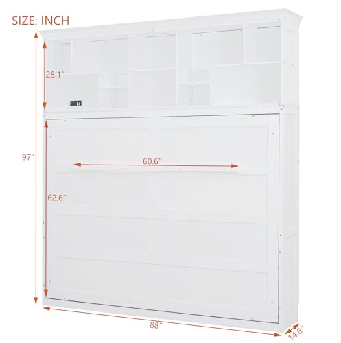 Ball & Cast Queen Size Murphy Bed Hideaway Wall Chest with Top Shelves & USB,Storage Cabinet Bed Frame w/Slat Support