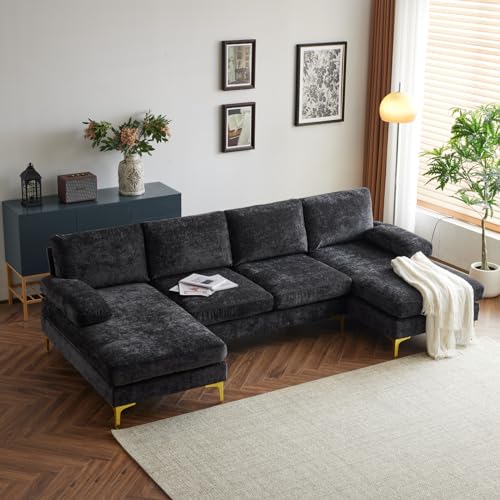 Karl home Convertible Sectional Sofa 110" U-Shape Sofa Couch 4-Seat Couch with Chaise ChenilleFabric Upholstered for Living Room, Apartment, Office