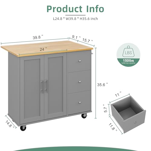 Shintenchi Rolling Kitchen Island Cart with Folding Drop Leaf Breakfast Bar, Portable Trolley Island with Large Storage Cabinet, Shelf and Drawer