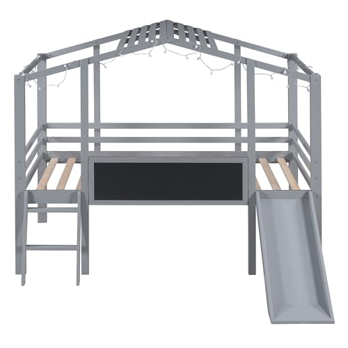 Harper & Bright Designs Kids Twin Low Loft Bed with Slide and Storage Shelves, Wood Playhouse Loft Bed Frame with a Tent & Stairs