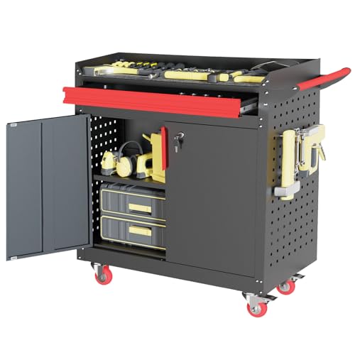 Metal Garage Storage Cabinet, Tall Garage Cabinets with 5 Adjustable Shelves, Steel Tool Storage Cabinet with Wheels