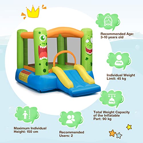 DORTALA Inflatable Bounce House, Monster Theme Bouncy Castle with Slide, Basketball Rim, Stakes, Indoor Outdoor Jumping House for Kids