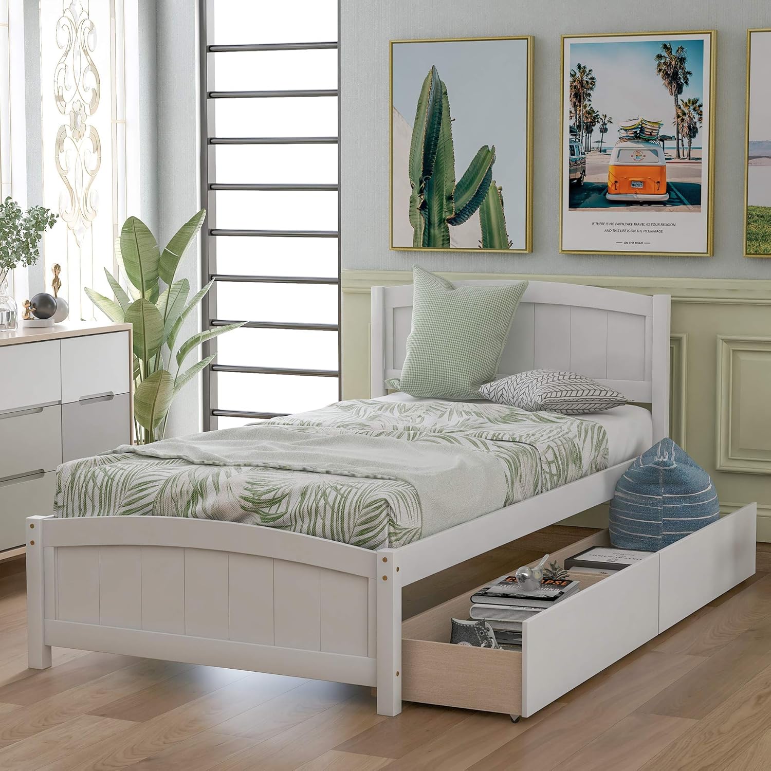 Harper & Bright Designs Twin Platform Bed with Storage Drawers, Solid Wooden Twin Size Bed Frame with Headboard for Kids, Teen, Adults