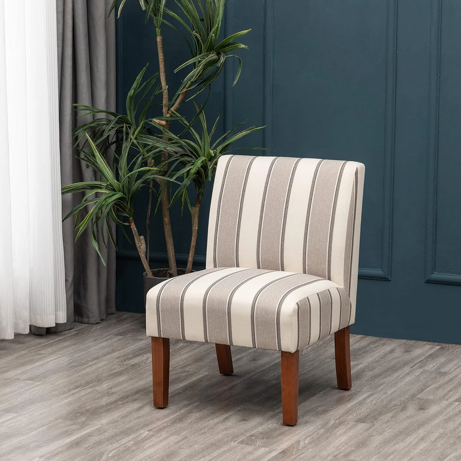Classic Armless Slipper Accent Chair With Wood Legs, Wide Brown And White Stripe Fabric