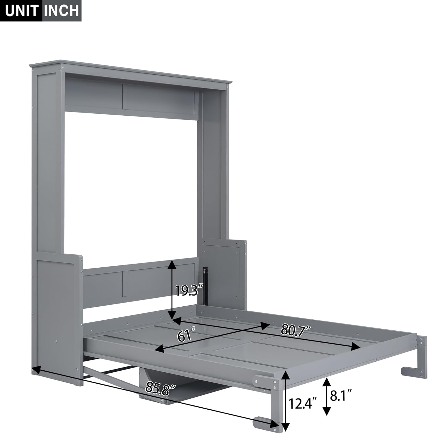 Queen Murphy Bed with a Shelf, Space-Saving Wall Bed for Guest Room or Home Office, Gray