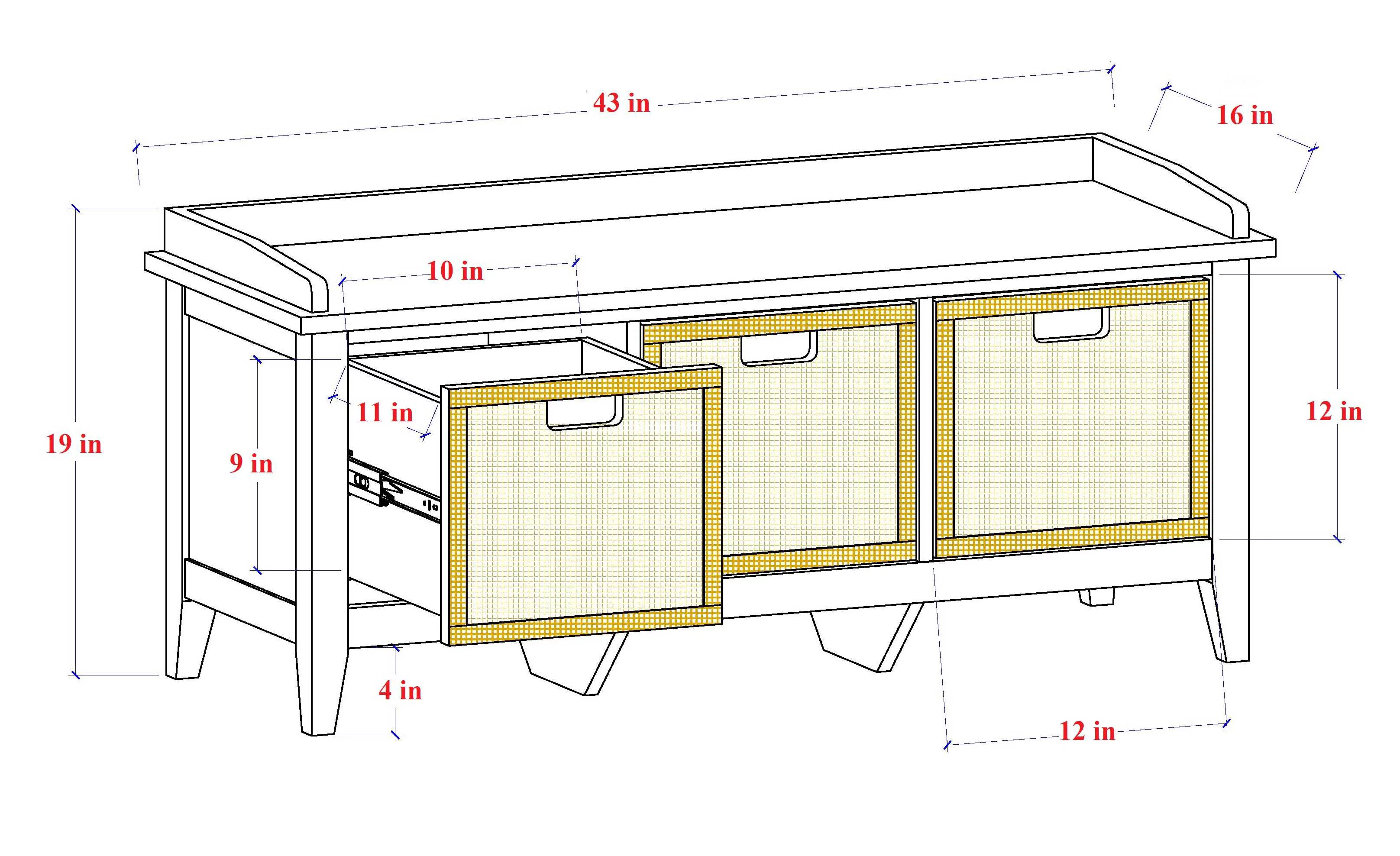 43" X 16" X 19" White Solid Wood Leg Storage Bench