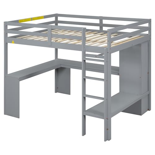 SOFTSEA Full Size Loft Bed with Desk & Wardrobe, Wood Loft Bunk Bed with Storage Shelves and Cabinets