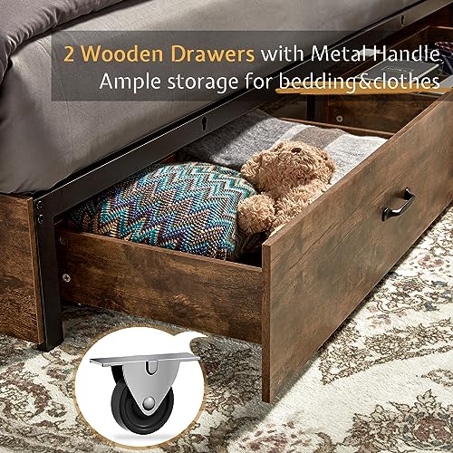 VanAcc Full Size Bed Frame, Wooden Platform Storage Bed with 51.2" Bookcase Headboard, 2 Drawers