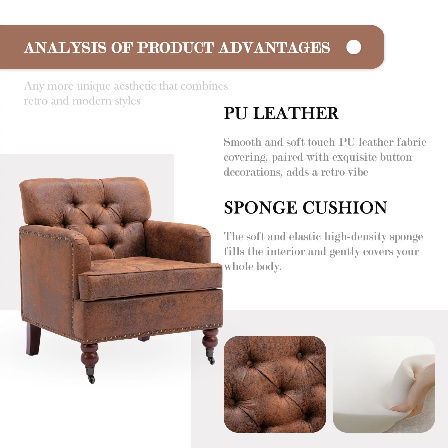 Tzicr Brown Modern Accent Chair, Button Tufted Upholstered Reading Chair with solid wood legs, Upholstered Mid Century Modern Arm Chairs for Bedroom