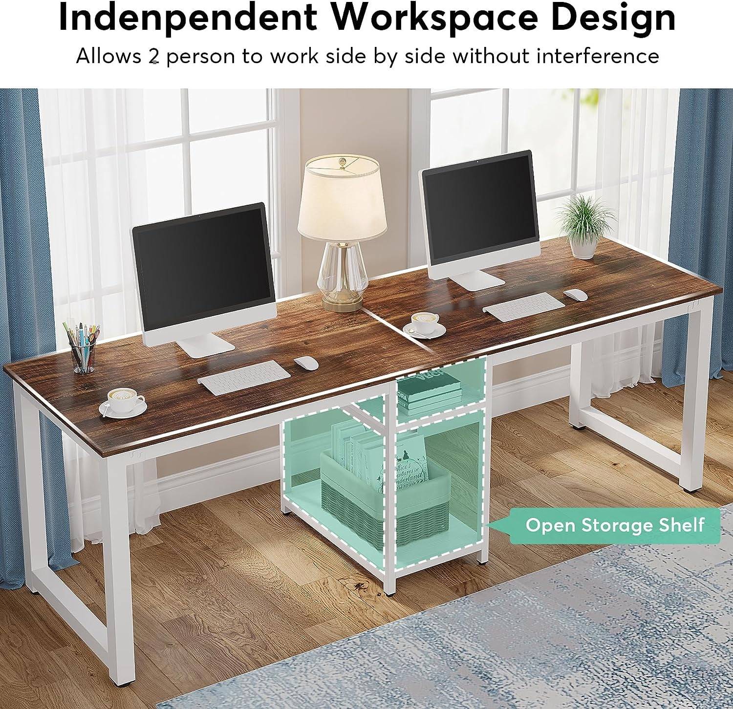 Tribesigns 78" Computer Desk, Extra Large Two Person Office Desk with Shelf, Double Workstation Desk for Home Office (Brown/White)
