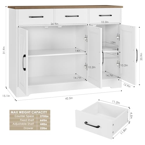 HOSTACK Modern Farmhouse Sideboard Buffet Cabinet, Barn Doors Buffet Storage Cabinet with Drawers and Shelves